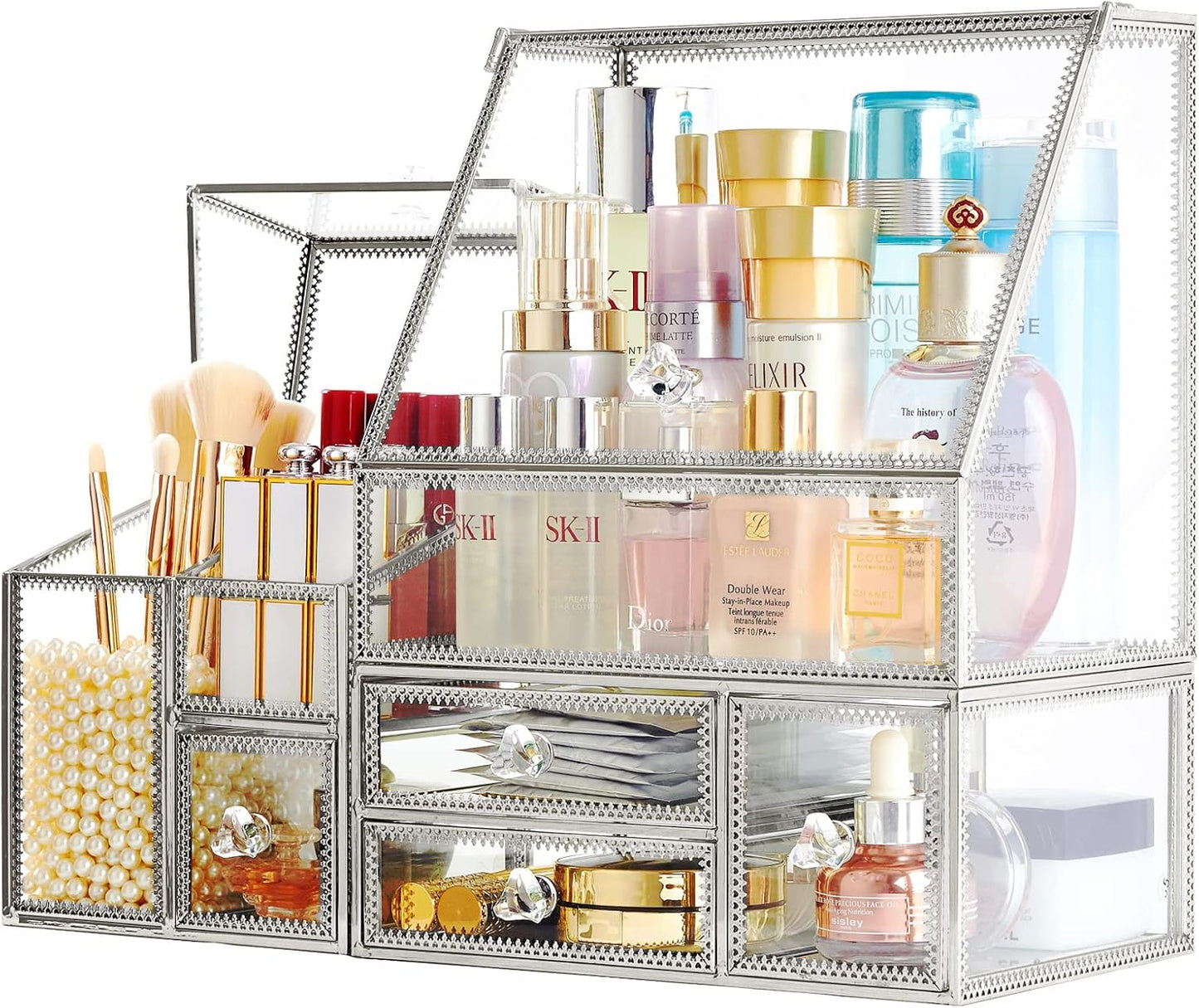 Glass Makeup Organizer for Vanity/Stackable 2Pieces Drawer Set/Antique Countertop Vanity Cosmetic Storage Box Mirror Glass Beauty Display, Holder for Brushes Lipsticks Skincare Toner (Silver)