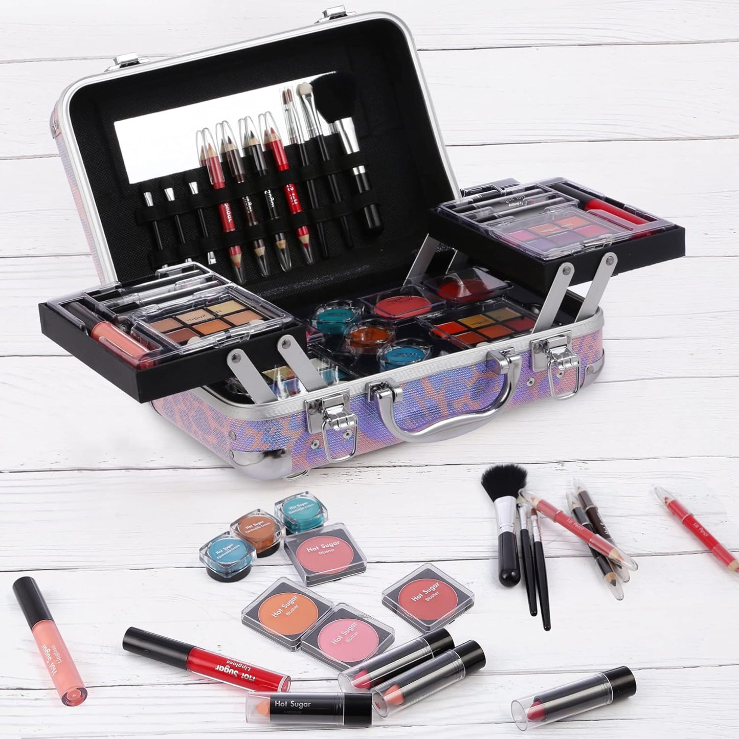 Hot Sugar All In One Makeup Set for Adults and Girls - Full Makeup Kit for Beginners With Eye Shadow Palette, Blush, Lip Gloss, Brush, Mirror (Pink Leopard)