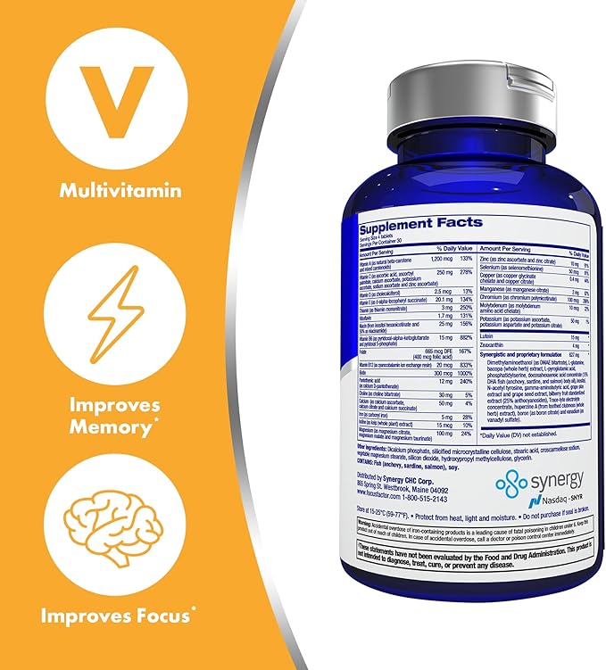Focus Factor Adults Brain and Vision Supplement, 120 Count - Eye Vitamin, Mineral Supplement & Complete Multivitamin w/Lutein & Zeaxanthin – Brain Supplement for Focus, Concentration, Memory