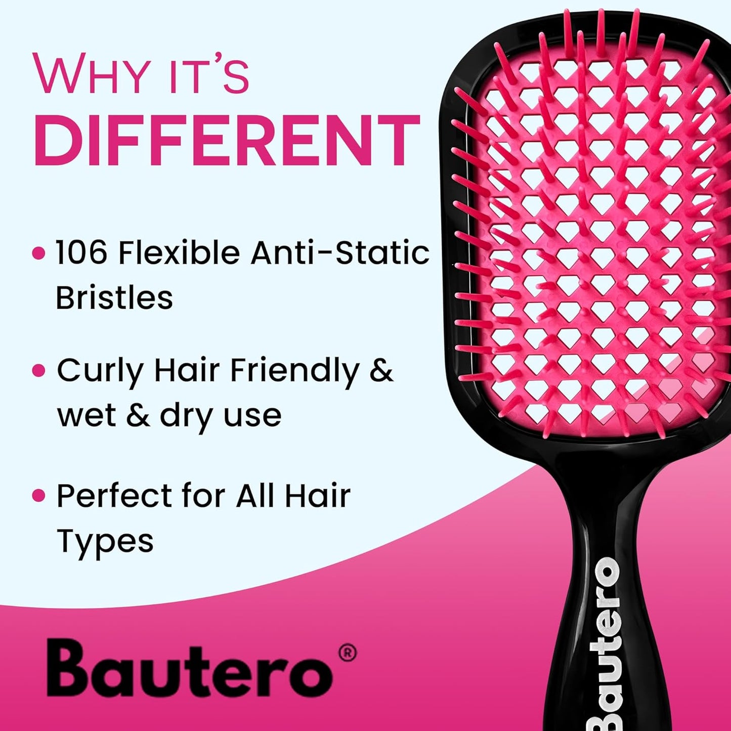 Detangling Hair Brush Sakura Blossom with Anti-Static Bristles, Black Pink, 8.9x3.15 Inch, 106 Flexible Bristles, Lightweight Ergonomic Design for Wet Dry Hair, Pain-Free Knot Removal