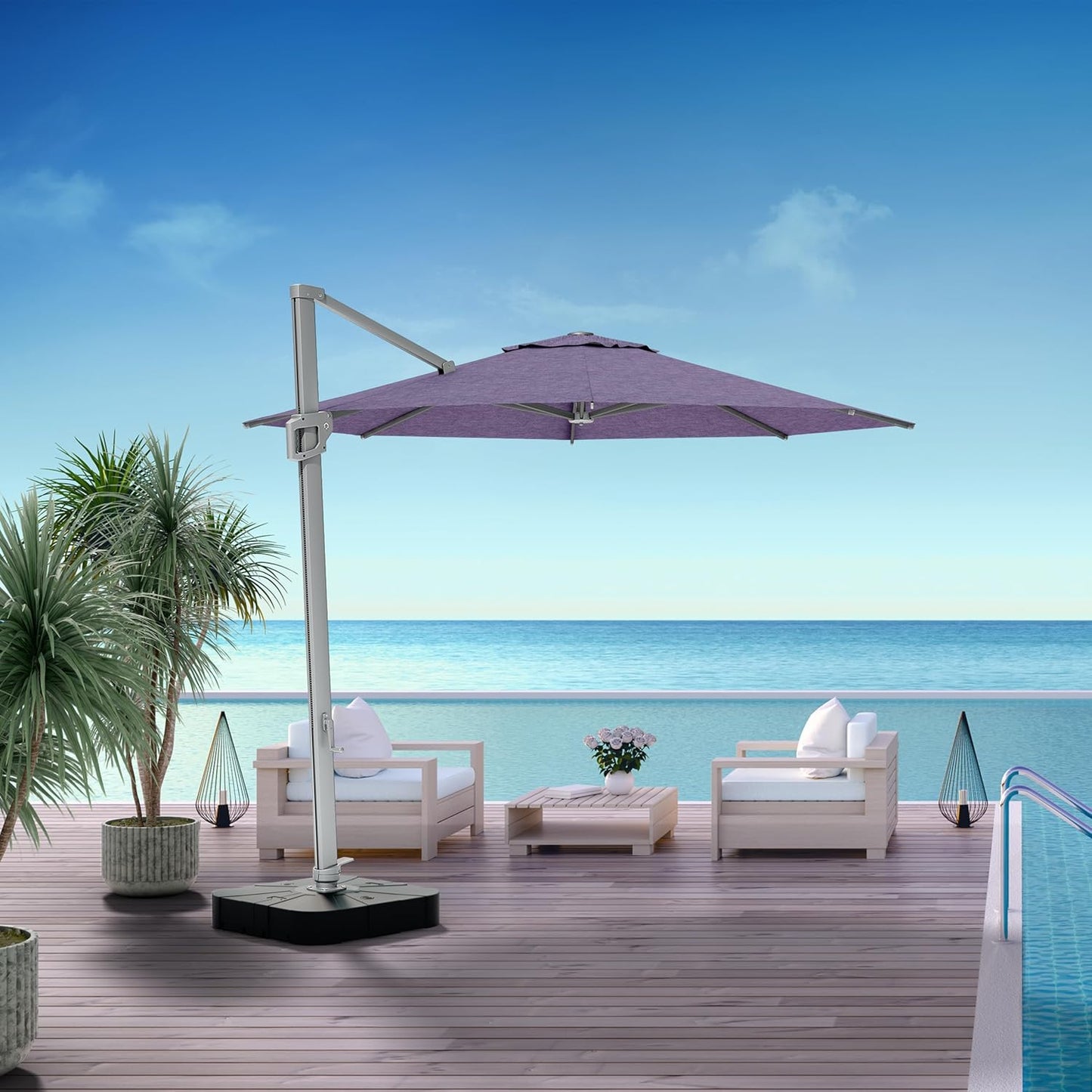 Midtown Umbrellas 10 Ft Outdoor Cantilever Patio Umbrella w/Terylast Purple Texture Fabric - Rotate 360° Offset Patio Umbrella, Deck Patio Umbrella, Backyard Umbrella & Garden Umbrella - Silver Frame