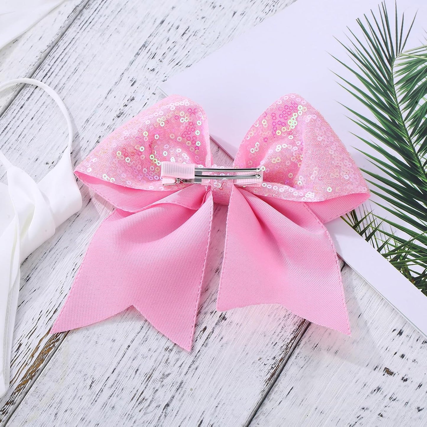 Large Glitter Cheer Bows Clips, Jumbo Big 7 Inch Cheerleading Sequin Hair Bow Hair Accessories for Teens Girls Football Sports Cheerleader Outfit Uniform (Pink)