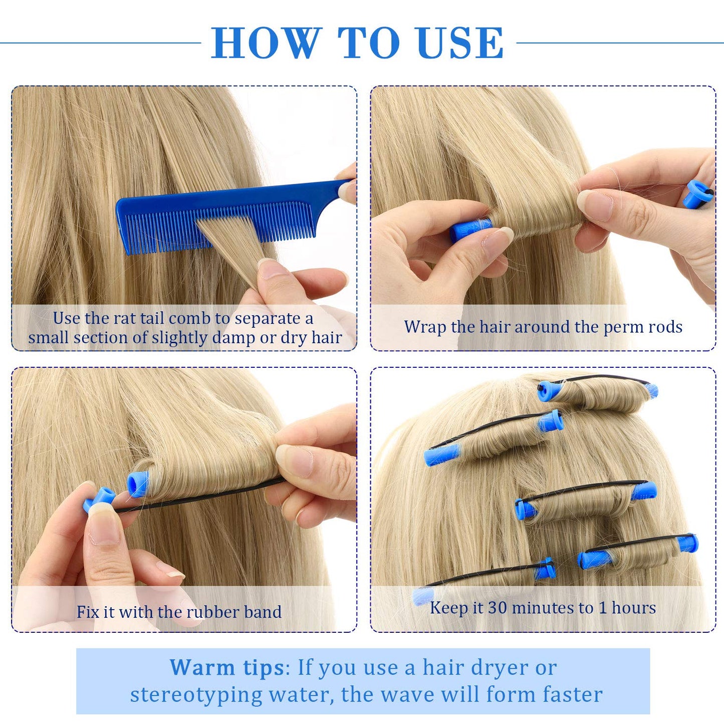 24 Pieces Plastic Hair Perming Rods and Rollers with Steel Pintail Comb for Hairdressing Styling (0.35 Inches, Blue)