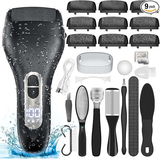 Electric Callus Remover for Feet - with 9pcs Larger Grinding Head, Portable Pedicure Kit Foot File Callus Remover, Rechargeable Waterproof Foot File for Foot Care Deadskin Remover LCD Display-Black