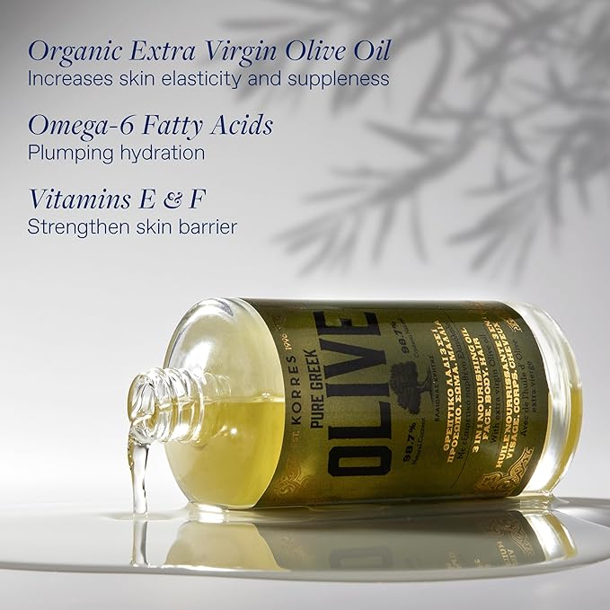 KORRES Extra Virgin Olive Oil for Face, Hair and Body, Moisturizer for Dry Skin and Hair, Pure, Greek Cold Pressed Olive Oil, Multi-Tasker Skincare for Women, Hydrating and Nourishing, 3.38 fl oz