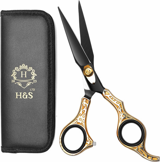H&S GoldBlack Series Professional Hair Cutting Scissors | Premium Japanese Stainless Steel | 6.5” Hair Shears, Barber Accessories & Hair Salon Supplies | Beard & Moustache Grooming