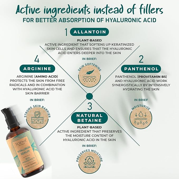 Organic Hyaluronic Acid Serum for Face | Best Hyaluronic Acid (Oligo) + 4 Hyaluronic Sizes - Highly Dosed | Hydrating Serum - Aging-Aging Moisturizer – Fragrance-Free | Made in Germany