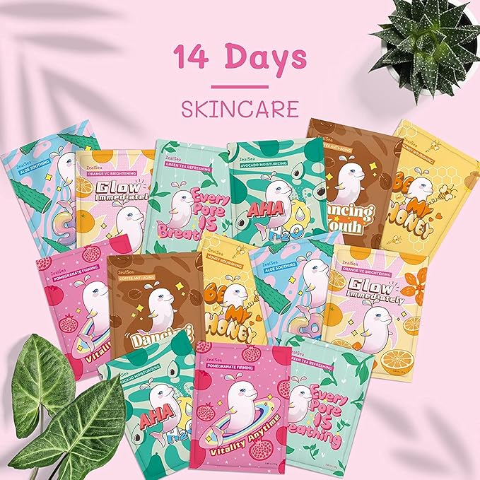 ZealSea Face Masks Skincare, Facial Masks for Women Skin Care, Sheet Masks Beauty with Natural Ingredients, Birthday Party Spa Gift for Kids Teens Girls, Hydrate and Soothe for All Skin Types 14 Pack