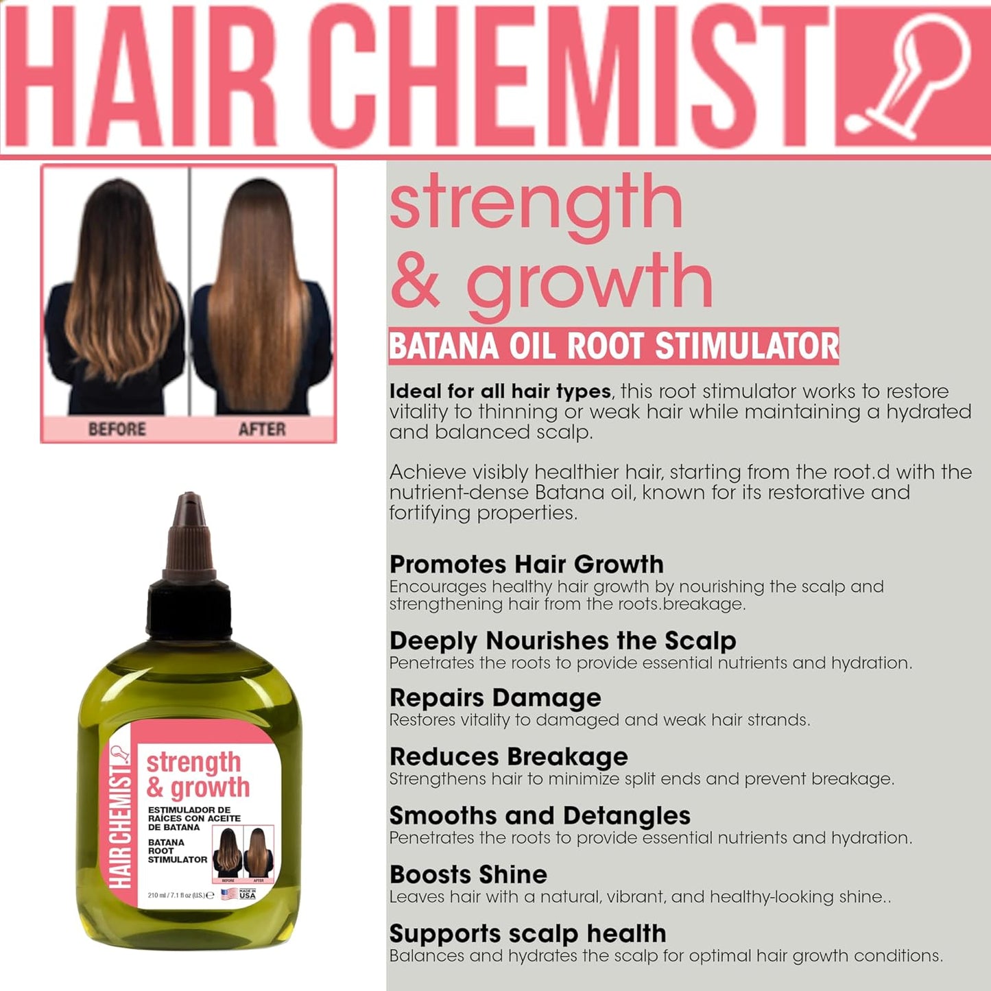Hair Chemist Strength & Growth Batana Root Stimulator 7.1 oz. - Batana Oil Hair Treatment, Revitalize & Nourish Hair