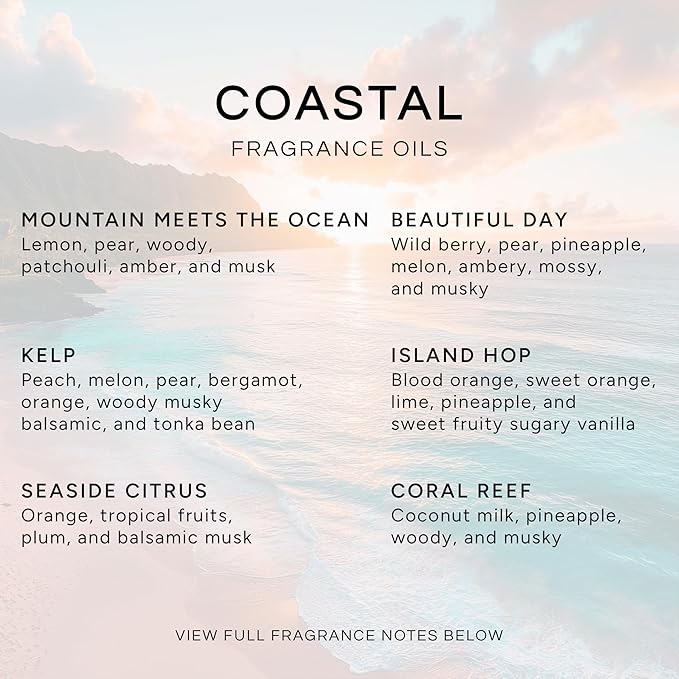 Eternal Essence Oils Coastal Set of 6 Premium Fragrance Oils - Includes Mountain Meets Ocean, Seaside Citrus, Island Hop, Kelp, Beautiful Day, and Coral Reef Scented Oils - 10ML