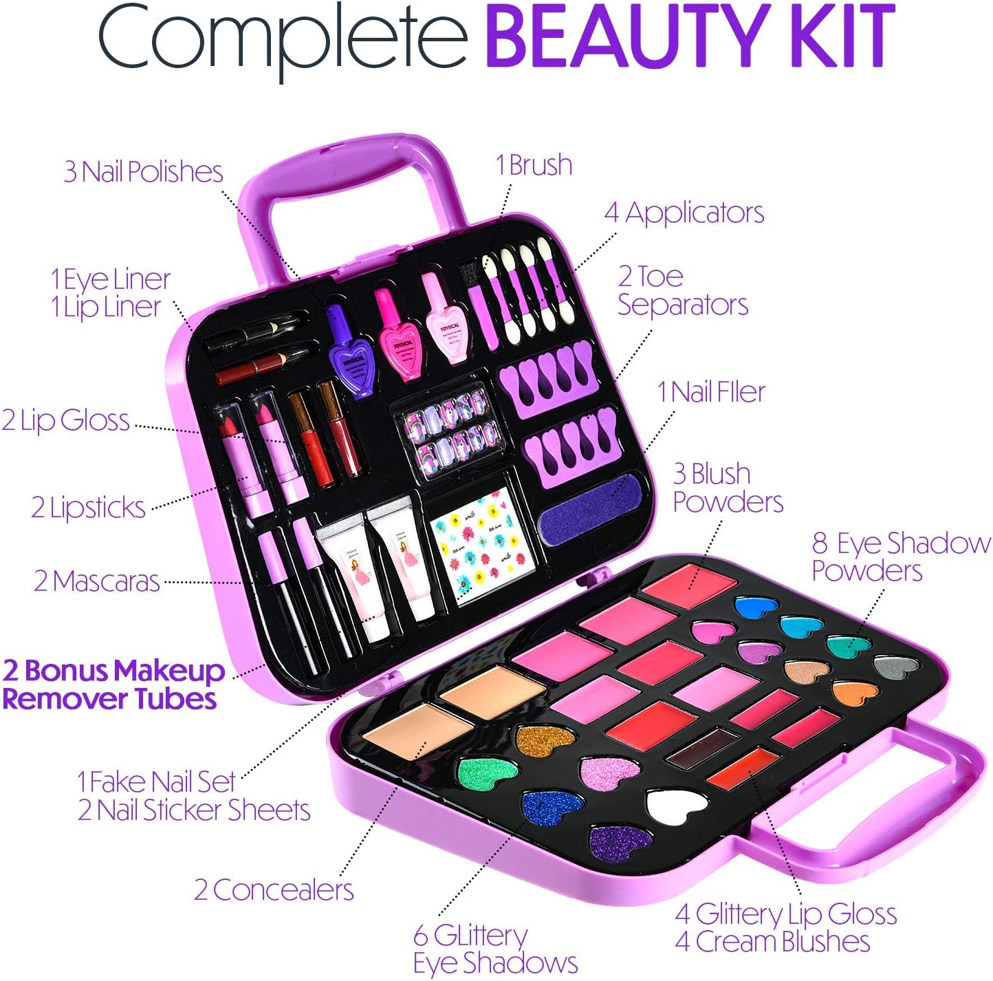 Toysical Kids Makeup Kit, 51 PCS Pretend Play Set for Kids, Real Makeup Toys for Girls, Non Toxic, Princess Toys for Girls, Birthday Gift for 3 4 5 6 7 8 9 10 Years Old Children
