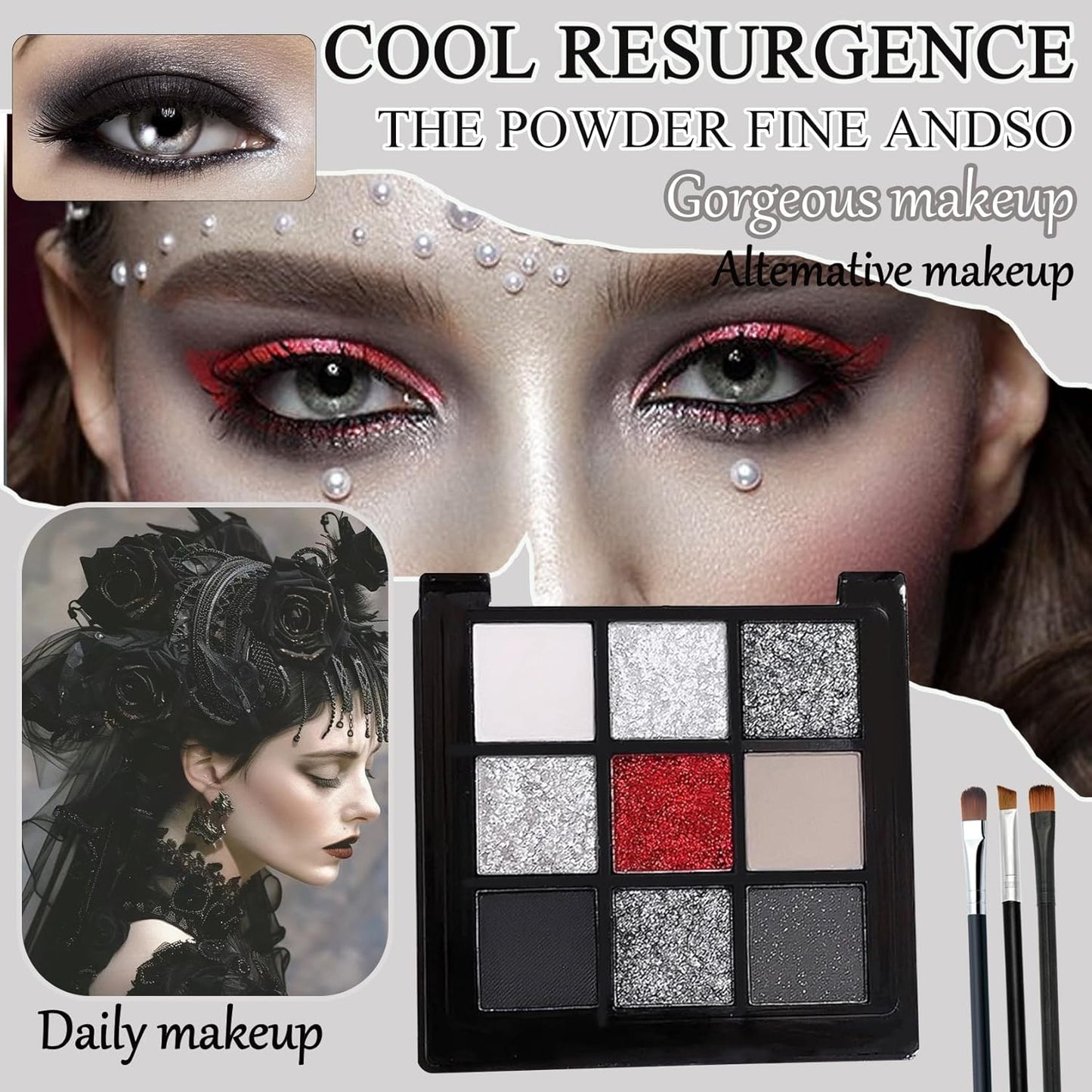 Black Grey Smoky Eyeshadow Palette,15 Colors Matte Shimmer Pigmented Eye Shadow Makeup Palette Set with 3 Eyeshadow Brushes,Glitter Eyeshadow Makeup Palette for Daily Halloween Goth Makeup(C)