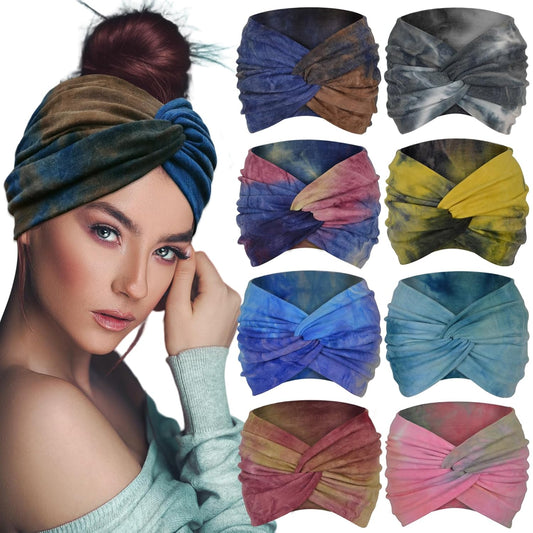 Boho Extra Wide Headbands For Women 7'' Large Headband Twist Head Bands Women's Hair Band Stretchy Turban Styling Accessories Tie Dye 8 Pack