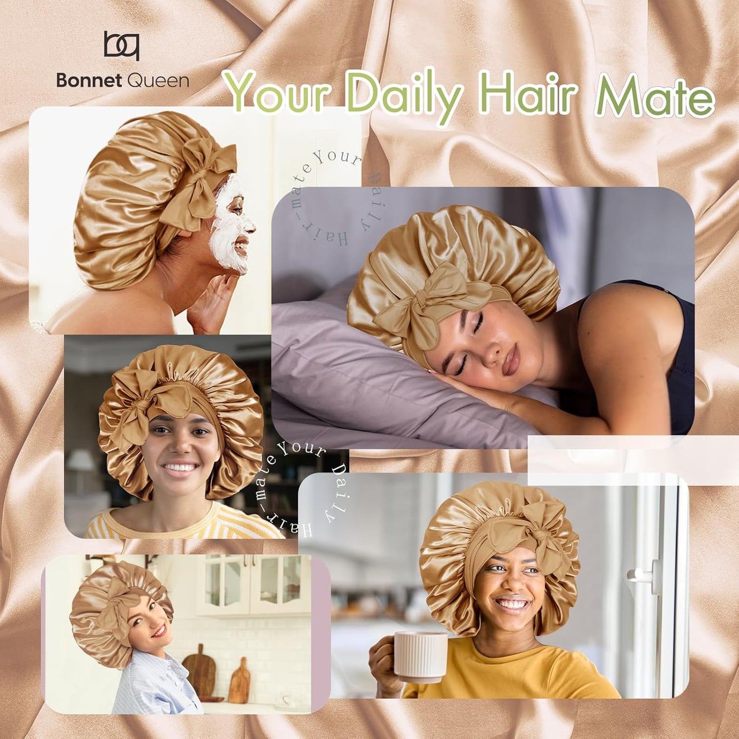 BONNET QUEEN Large Satin Silk Bonnet for Sleeping Women's Curly Hair - Big Night Sleep Cap Scarf Wrap with Tie Band - Yellow Gold