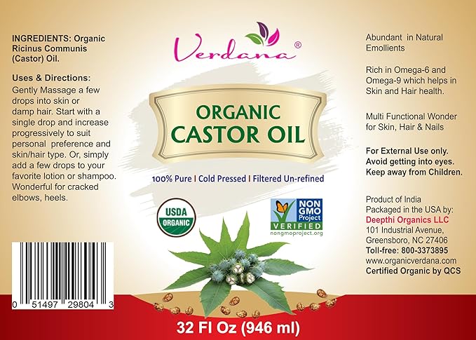 Verdana Organic Castor Oil – 32 Fl Oz Bulk Size – Cold Pressed, Unrefined, Hexane-Free – USDA Organic – Natural Moisturizer for Hair Growth, Eyelashes, Skin, Scalp & Castor Oil Packs