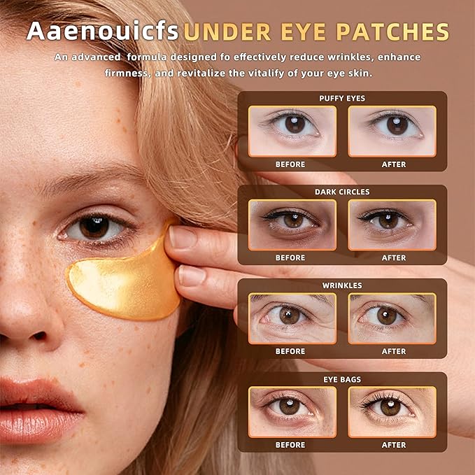 Golden Eye Mask 20 (pair), Collagen Eye Mask with Sodium Hyaluronate for Dark Circles, Bags, Wrinkles and Puffiness Eye Gels, Under Eye Patches for Both Men and Women.