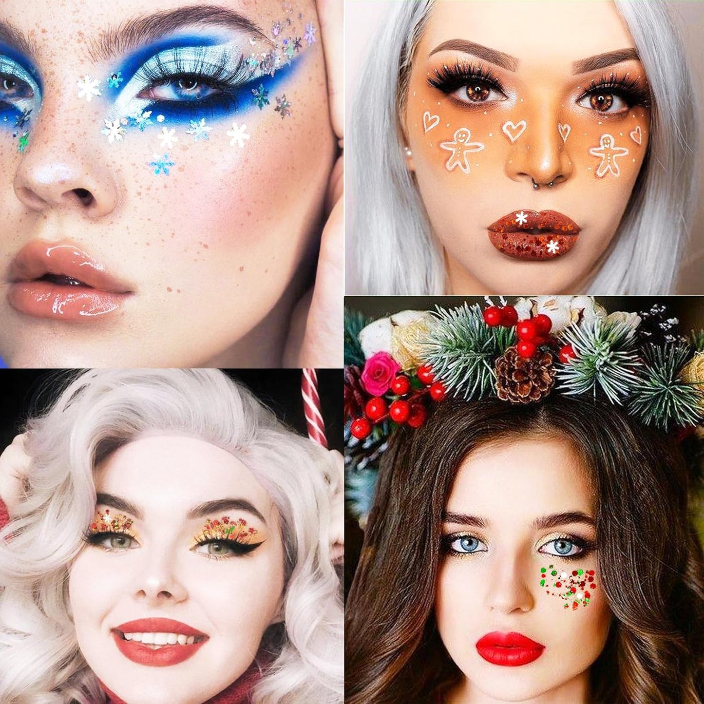 Christmas Body Glitter Gel SUPGIFT 4 Colors 8.5oz Holographic Chunky Mermaid Iridescent Laser Liquid Star Flower Leaf Sequins for Makeup Face Eyeshadow Hair with Spoon