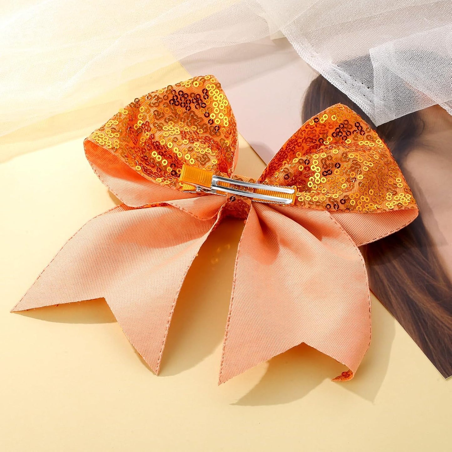 Large Glitter Cheer Bows Clips, Jumbo Big 7 Inch Cheerleading Sequin Hair Bow Hair Accessories for Teens Girls Football Sports Cheerleader Outfit Uniform (Bright Orange)