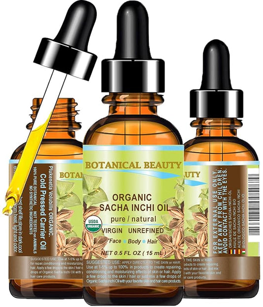 Botanical Beauty Organic SACHA INCHI OIL 100% Natural Pure Undiluted Virgin Unrefined Cold Pressed Carrier Certified Organic Oil 0.5 Fl.oz.- 15 ml. For Face, Skin, Hair, Lip, Nails, Rich in Vitamin E