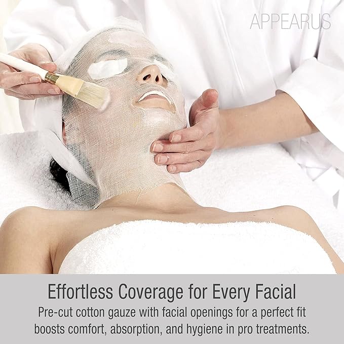 APPEARUS Pre-Cut Gauze Facial Masks – 100% Cotton, Breathable & Soft – Ideal for High Frequency, Mud, Clay, and Paraffin Treatments – Spa & Esthetician Use – 100 Count (DM101)