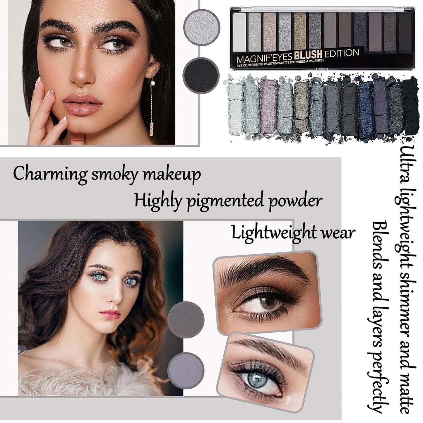 Black Grey Smoky Eyeshadow Palette,15 Colors Matte Shimmer Pigmented Eye Shadow Makeup Palette Set with 3 Eyeshadow Brushes,Glitter Eyeshadow Makeup Palette for Daily Halloween Goth Makeup(G)