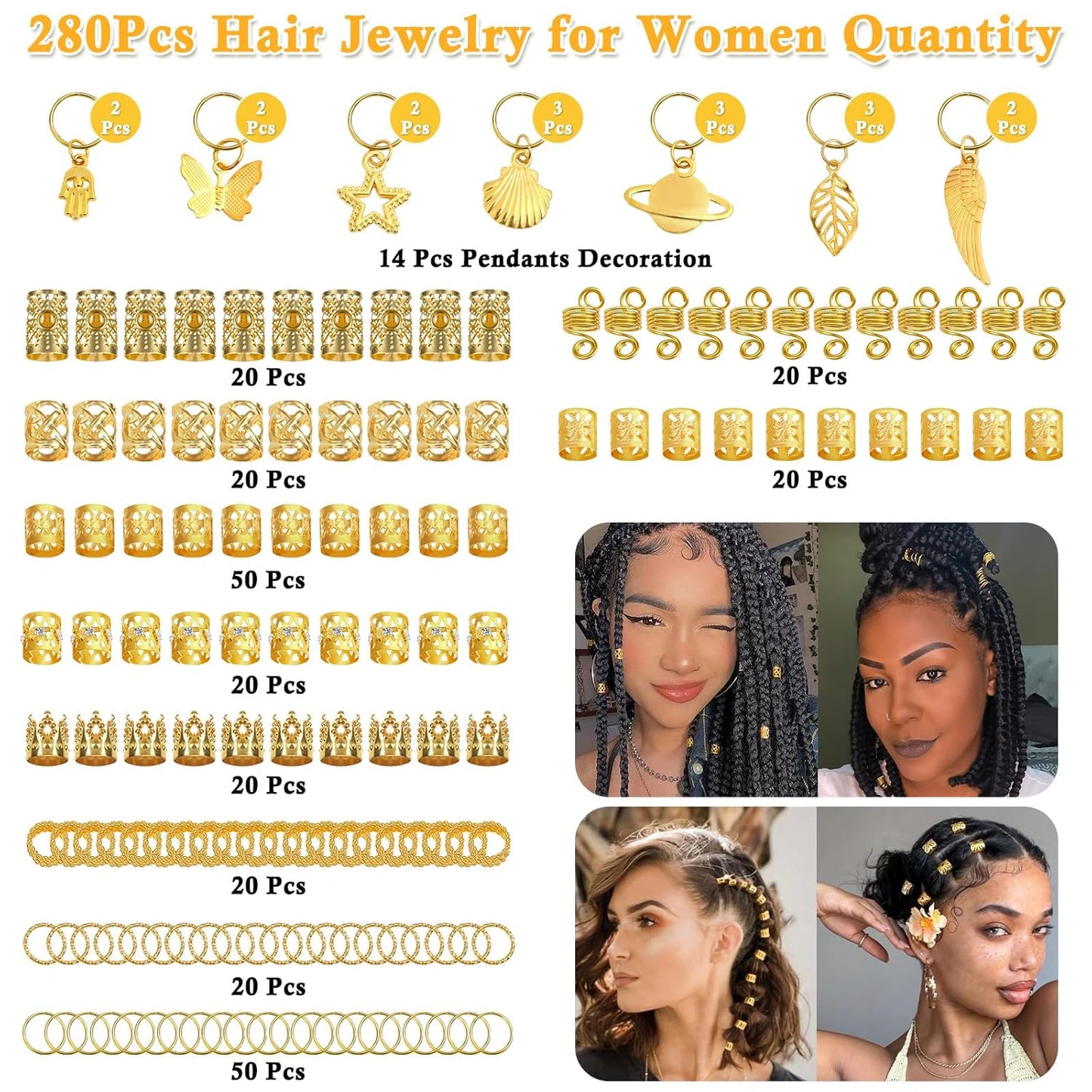 280 Pcs Hair Jewelry for Women, Hair Charms Cuffs Beads for Braids Loc Jewelry for Dreadlocks, Adjustable Gold Braids Coils Rings Decoration for Dreadlock Accessories