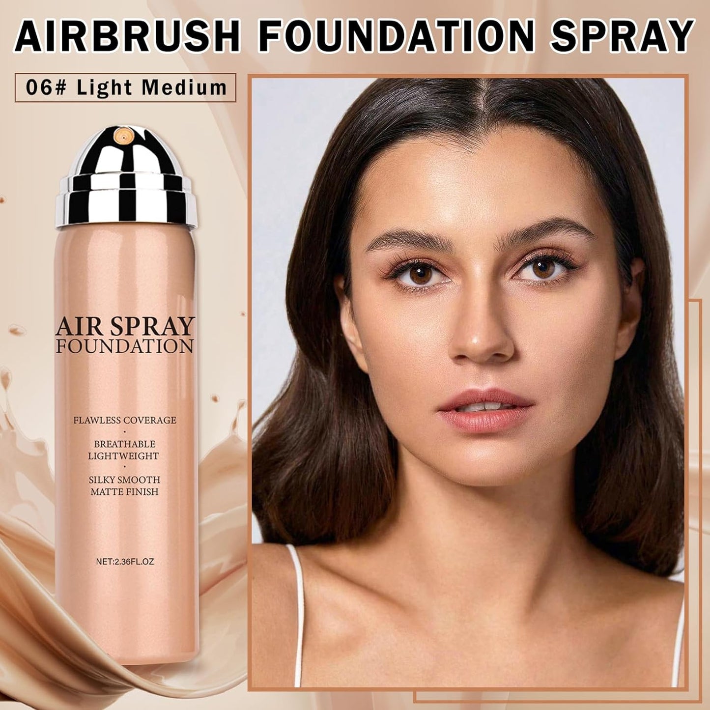 Airbrush Foundation Makeup Spray Full Coverage Foundation for Mature Skin,Long-lasting Airbrush Flawless Setting Spray,Waterproof Foundation for Smooth Radiant Skin (06 Light Medium)