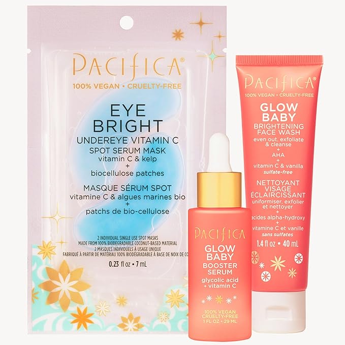 Pacifica Beauty | Glow Baby Vitamin C Trial + Value Kit | 3-Piece Skin Care Gift Set | Travel Friendly | Brightening Face Serum, Face Wash/Cleanser, Under Eye Patches | Glycolic Acid, AHA | Vegan