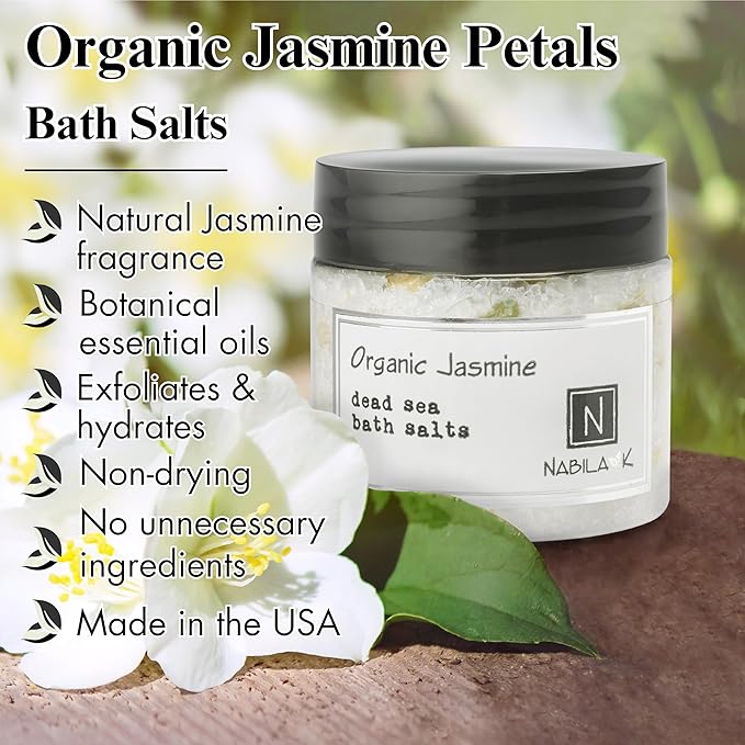 Organic Jasmine Bath Salts by Nabila K - Dead Sea Salt & Epsom Salt Scrub & Soak - Exfoliates & Hydrates Skin, Botanical Essential Oils - Bubble Bath Accessories for All Skins Types, 2 oz