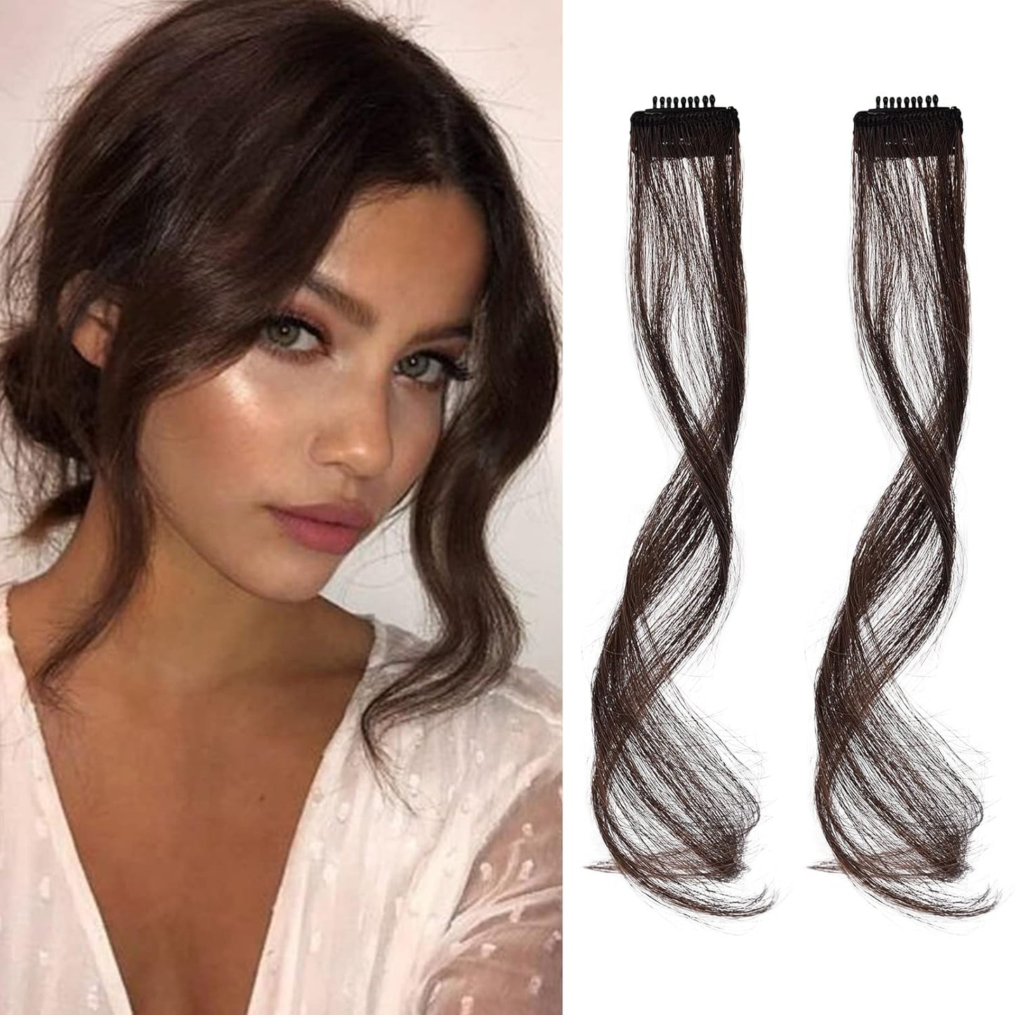REECHO Long Side Air Bangs, Wavy Curly Clip in Curtain Bangs Front Side Bangs Face-Framing Highlights for Women Daily Use 2 PCS Set Long Temples-Dark Chocolate Brown