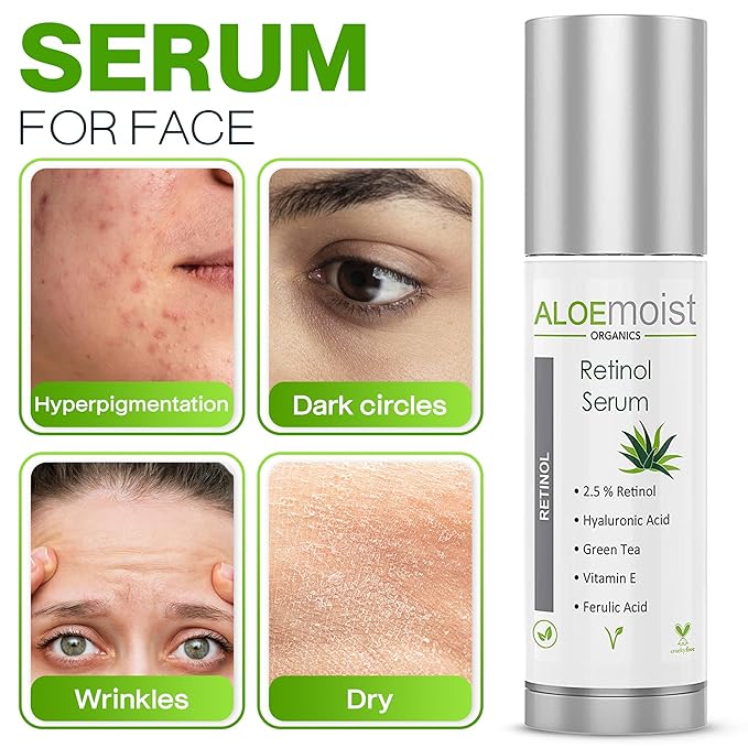 2.5% Retinol Serum for Face + Hyaluronic Acid, Aloe Vera, Vitamin E Oil, Jojoba Oil, Vitamin C Serum – Face Toner, Pore Minimizer, Acne Treatment, Reduces Wrinkles Fine Lines, Age Spots .5oz