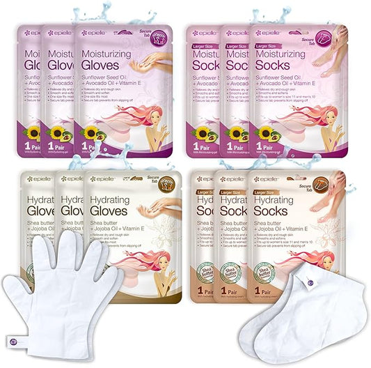 Epielle Hydrating & Moisturizing Gloves & Socks Combo, 12 Pairs Hand and Foot Masks for Dry Hands and Dry, Cracked Heels, Easter Gifts, Mother's Day Gifts, Teacher's Appreciation