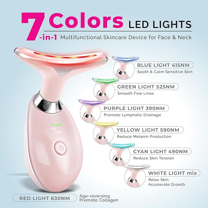 Red Light Therapy for Face & Neck Facial Massager - luminesce 7-in-1 L-E-D Facial Sculptor, True Beauty Glow, Lymphatic Drainage Massager, Double Chin Reducer, Face Lift, Gua Sha Tool, Pink, Biidey