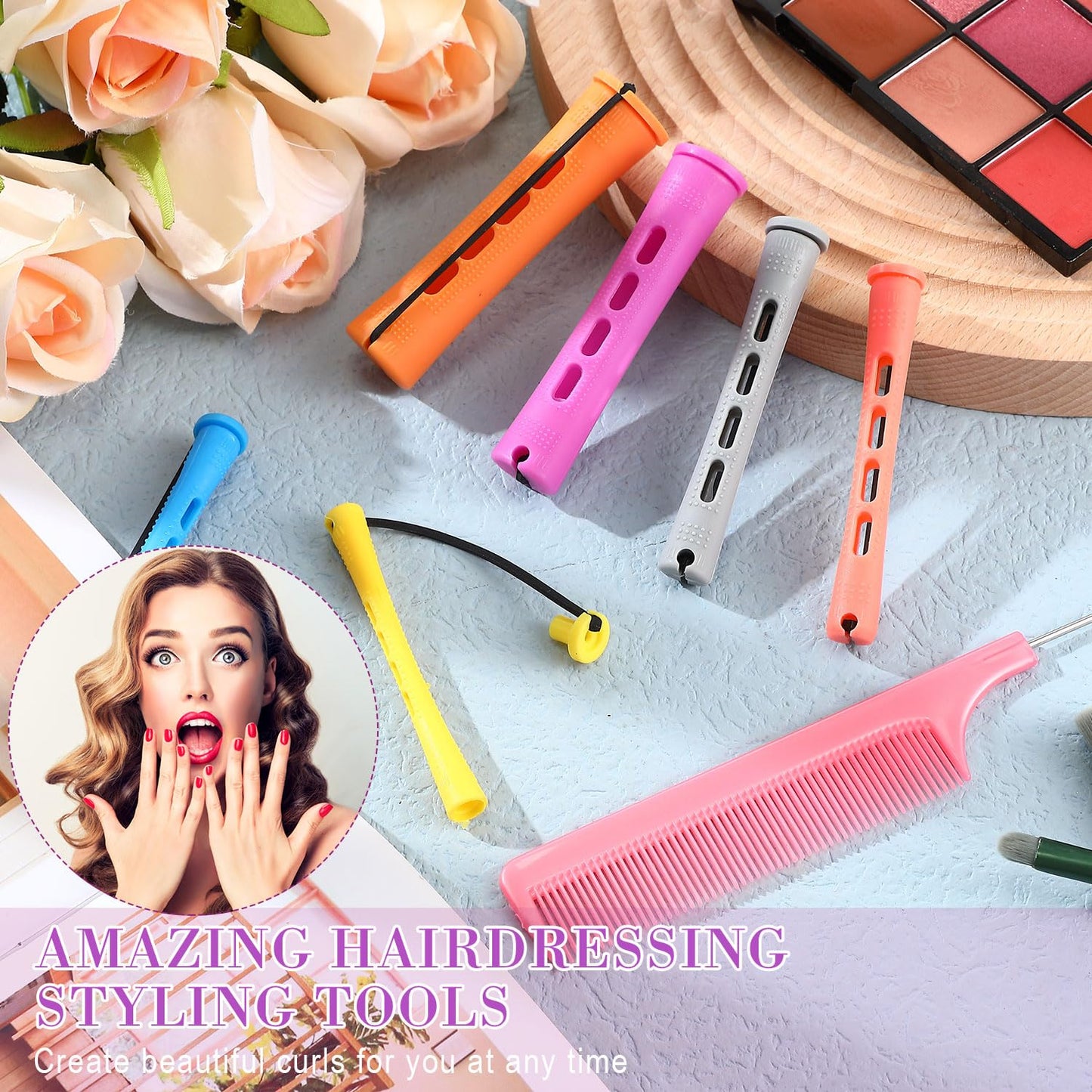 WILLBOND 72 Pieces Hair Perm Rods Set, Short Plastic Perming Rods Cold Wave Roller 6 Sizes Hair Curling Rollers with 1 Piece Steel Pintail Comb for Hairdressing Styling (Long)