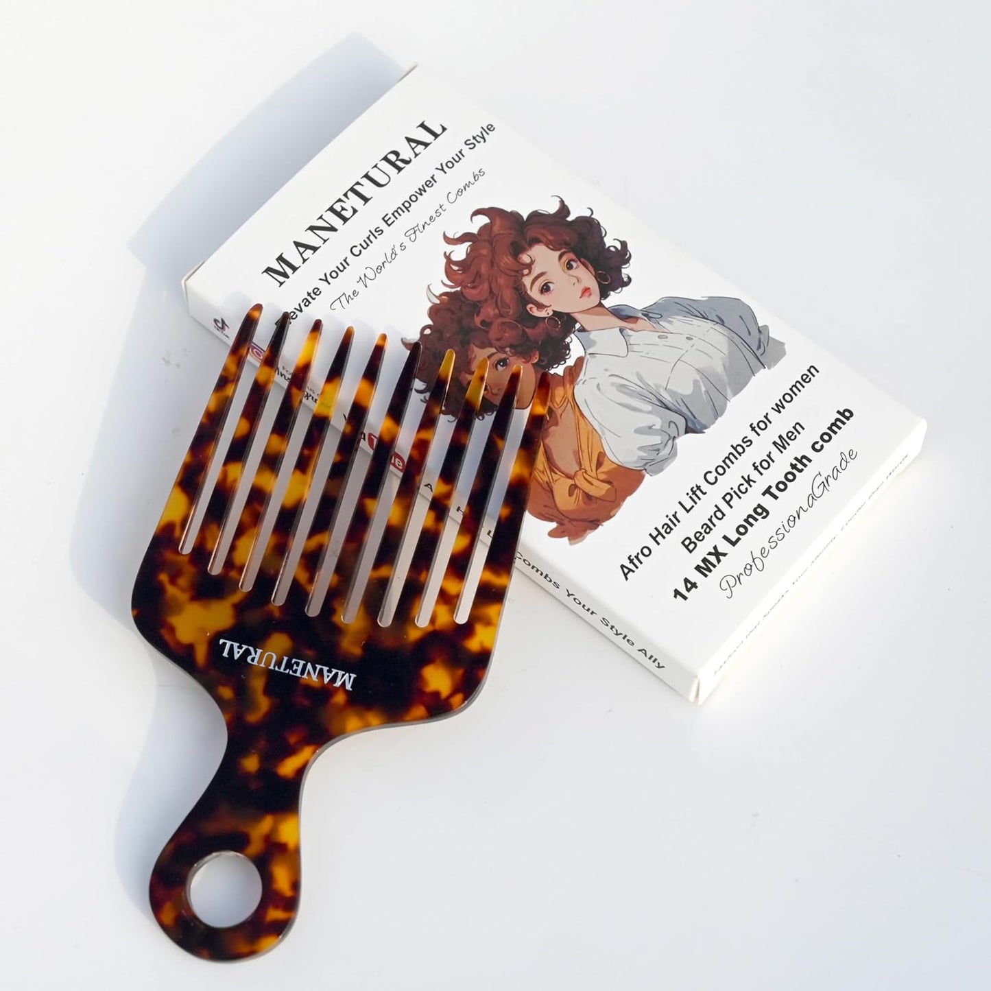 14MX Hair Pick for Women, Wide Tooth Afro Comb for Curly Hair, Cellulose Acetate, 5.5 inches(14 cm), Tortoise, 1 PACK