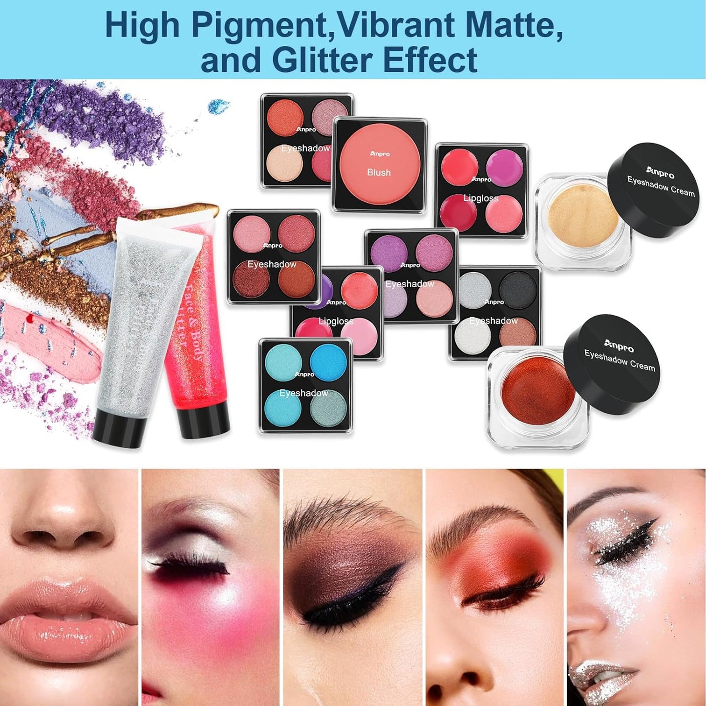 Anpro All-In-One Makeup Carry Case with Pro Teen Makeup Set, Full Starter Cosmetics Kit with Makeup Brushes, Lipsticks, Eye Shadows Palette, Blushes, Glitter Gel-Blue Leopard