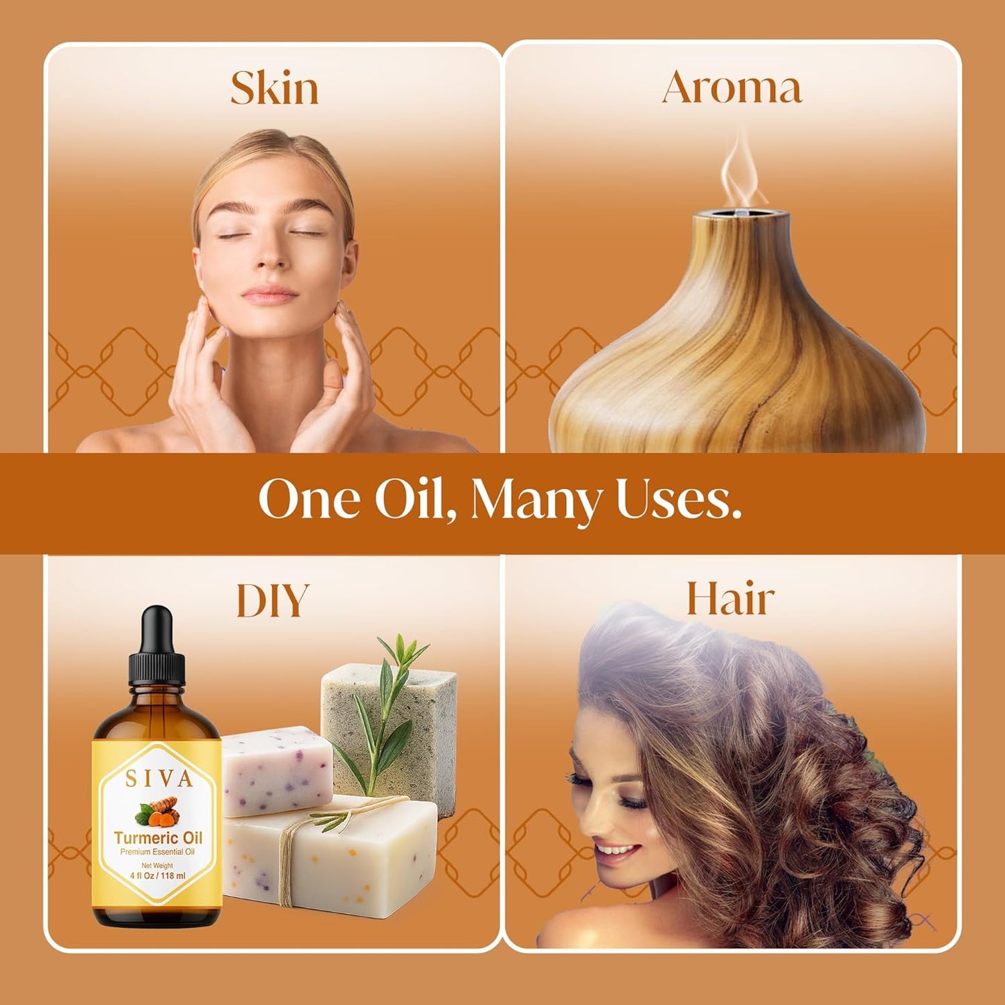 Siva Turmeric Essential Oil - 4 Fl Oz – 100% Natural Turmeric Oil - for Diffuser, Face, Skin Care, Aromatherapy, Hair Care, Scalp and Body Massage - with Dropper