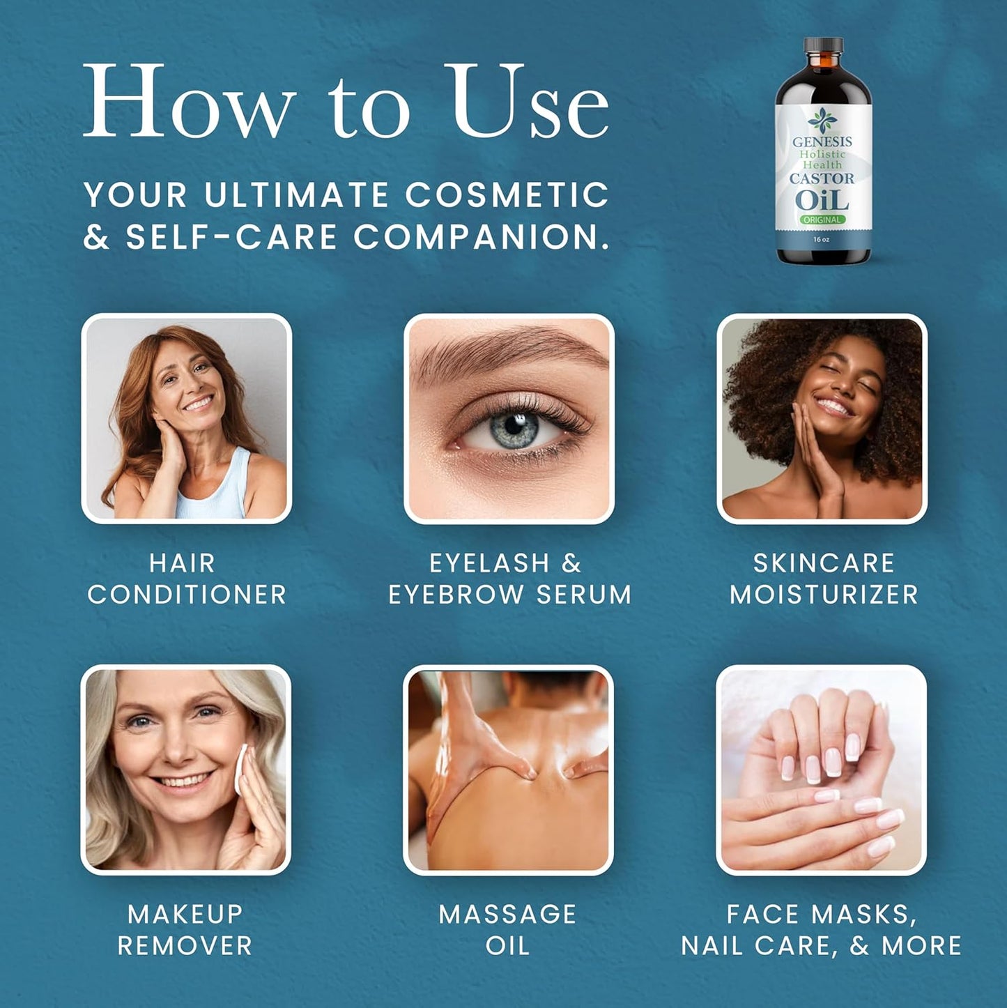 Genesis Holistic Health Organic Castor Oil – 100% Pure, Cold Pressed, Hexane Free – Nourishing Hair & Skin Oil – Eyelash & Eyebrow Growth, Deep Moisturizer – 16 oz Glass Bottle