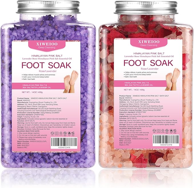 Foot Soak Kit -46 oz, Pack of 2 Natural Epsom Salt Rose, and Lavender- Essential Oils Foot Athletes Foot spa Itching,Foot Bath Salt Tea Tree Oil Foot Soak Foot Care Pedicure Feet spa Message