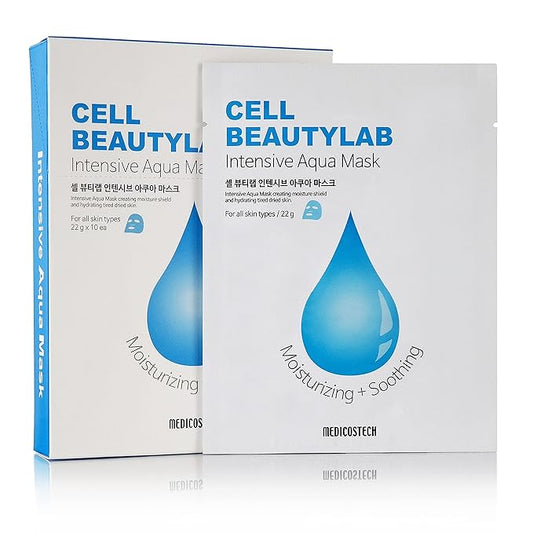 Intensive Aqua Mask 10 Pack | Hydrating, Moisturizing and Soothing Face Sheet Mask for All Skin Types | With Hyaluronic Acid, Panthenol, Shea Butter, Jojob Oil, Witch Hazel