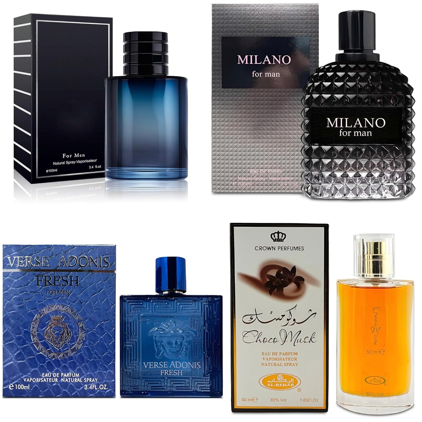 4-Piece Cologne for Men Includes Choco Musk/SE/Verse Adonis Fresh/Milano Scent of Woody, Spicy, Citrus & Aromatic eau de parfum Men Gift Set Each 100Ml for Daily Use