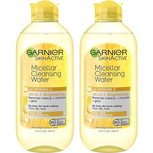 Garnier Micellar Water with Vitamin C, Facial Cleanser & Makeup Remover, Brightening & Hydrating, For All Skin Types, Vegan, Cruelty Free, 13.5 Fl Oz (400mL), 2 Count