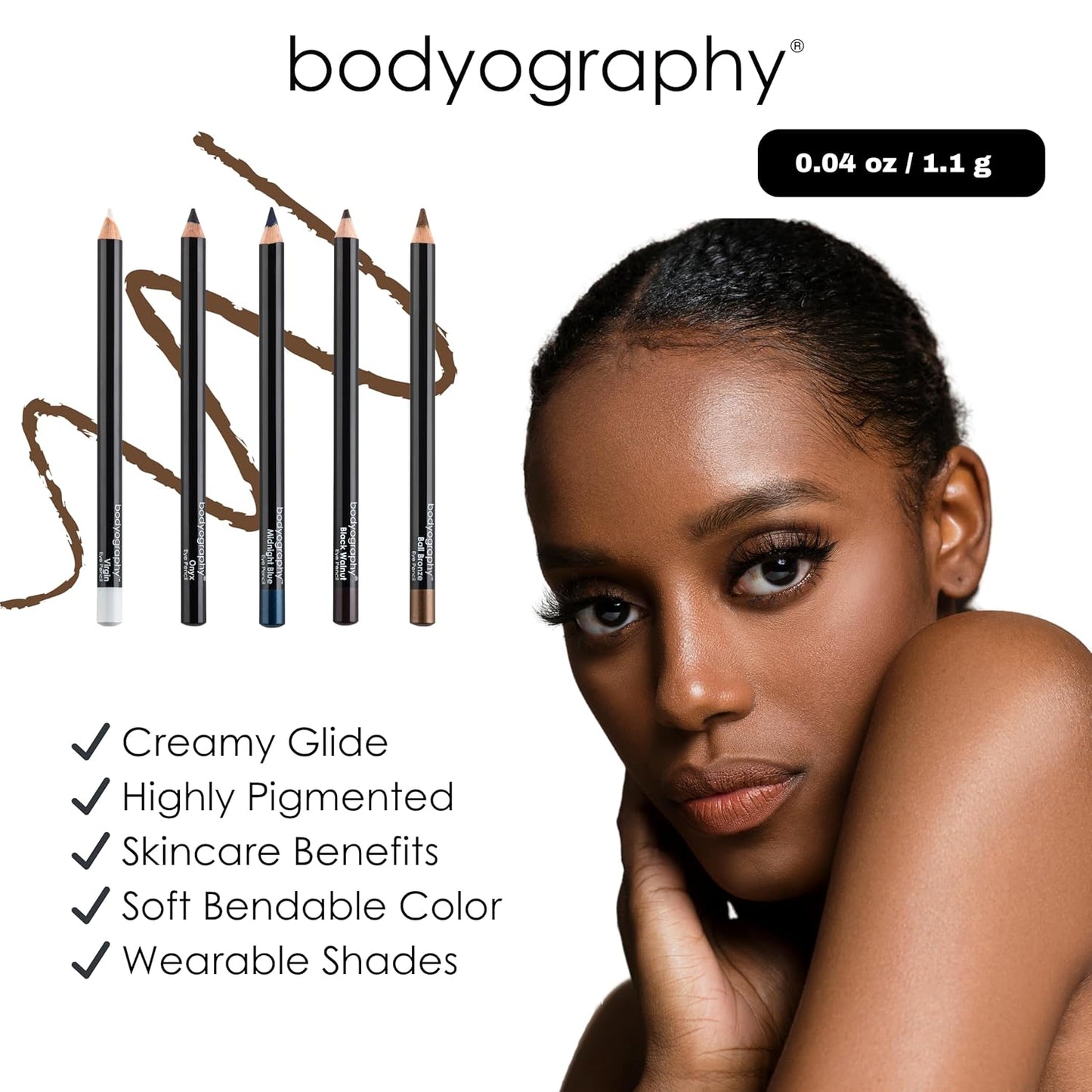 Bodyography Cream Eye Pencil, Black - Black Wooden Eyeliner for Eyes & Eyebrows, Long-Lasting Cruelty-Free Coconut Oil Cosmetic Liner