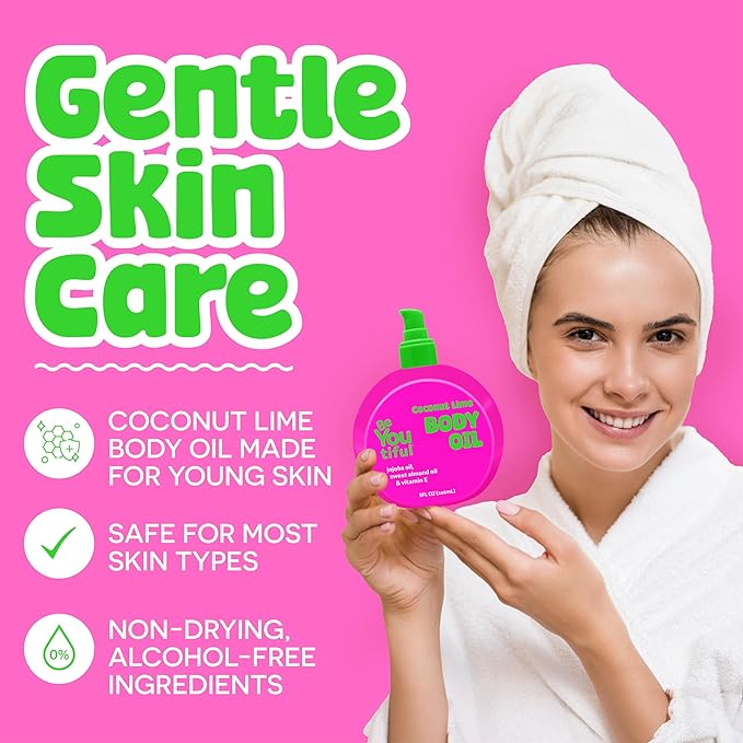 BeYoutiful Coconut Lime Body Oil for Kids & Teens, Hydrating Glow Oil for All Day Moisture with Jojoba & Sweet Almond, Soft, Smooth Skin, 8 oz