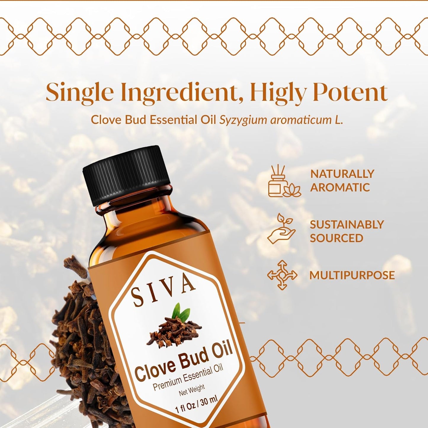 Siva Clove Bud Essential Oil - 1 Fl Oz – 100% Natural Clove Bud Oil - for Diffuser, Face, Skin Care, Aromatherapy, Hair Care, Scalp and Body Massage - with Dropper