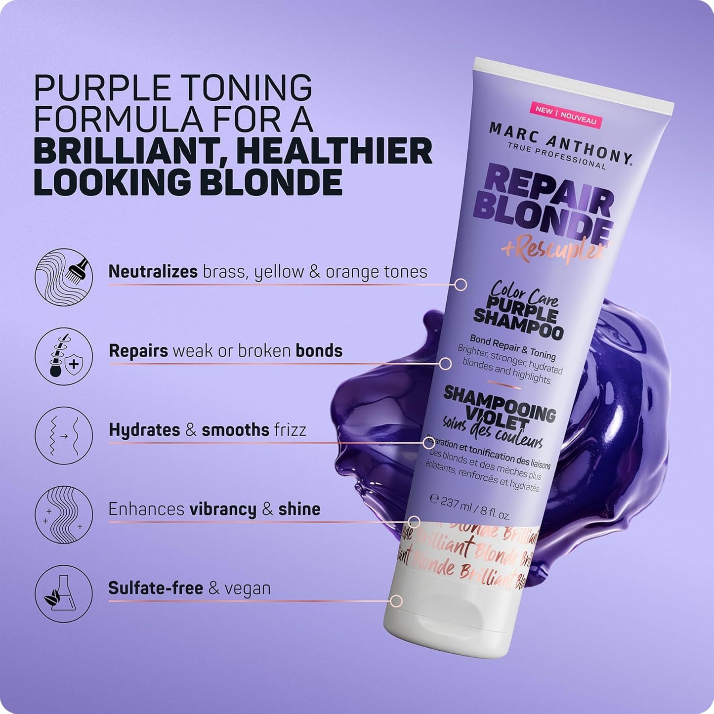 Marc Anthony Purple Shampoo, Repair Blonde Rescueplex Color Care - Neutralizes Brassy Tones and Repairs Bonds, 8oz