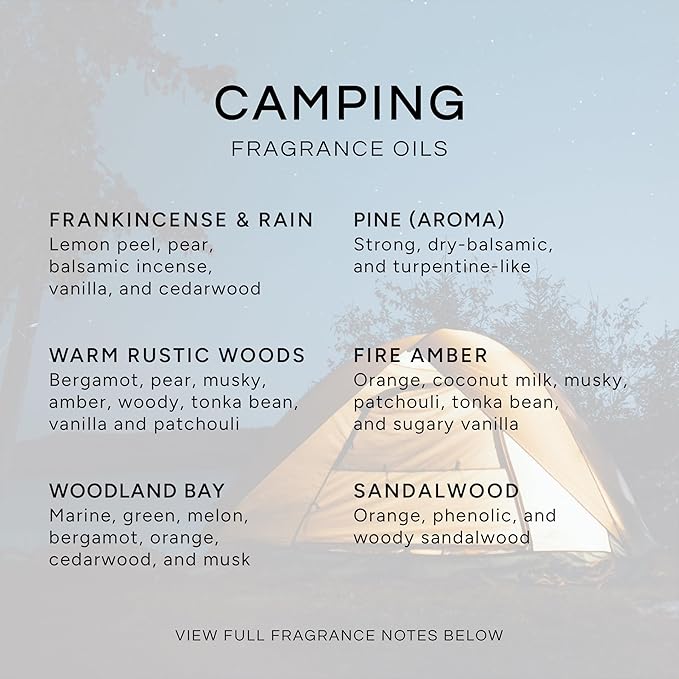 Eternal Essence Oils Camping Set of 6 Premium Fragrance Oils - Includes Warm Rustic Woods, Fire Amber, Pine, Sandalwood, Frankincense & Rain and Woodland Bay Scented Oils - 10ML