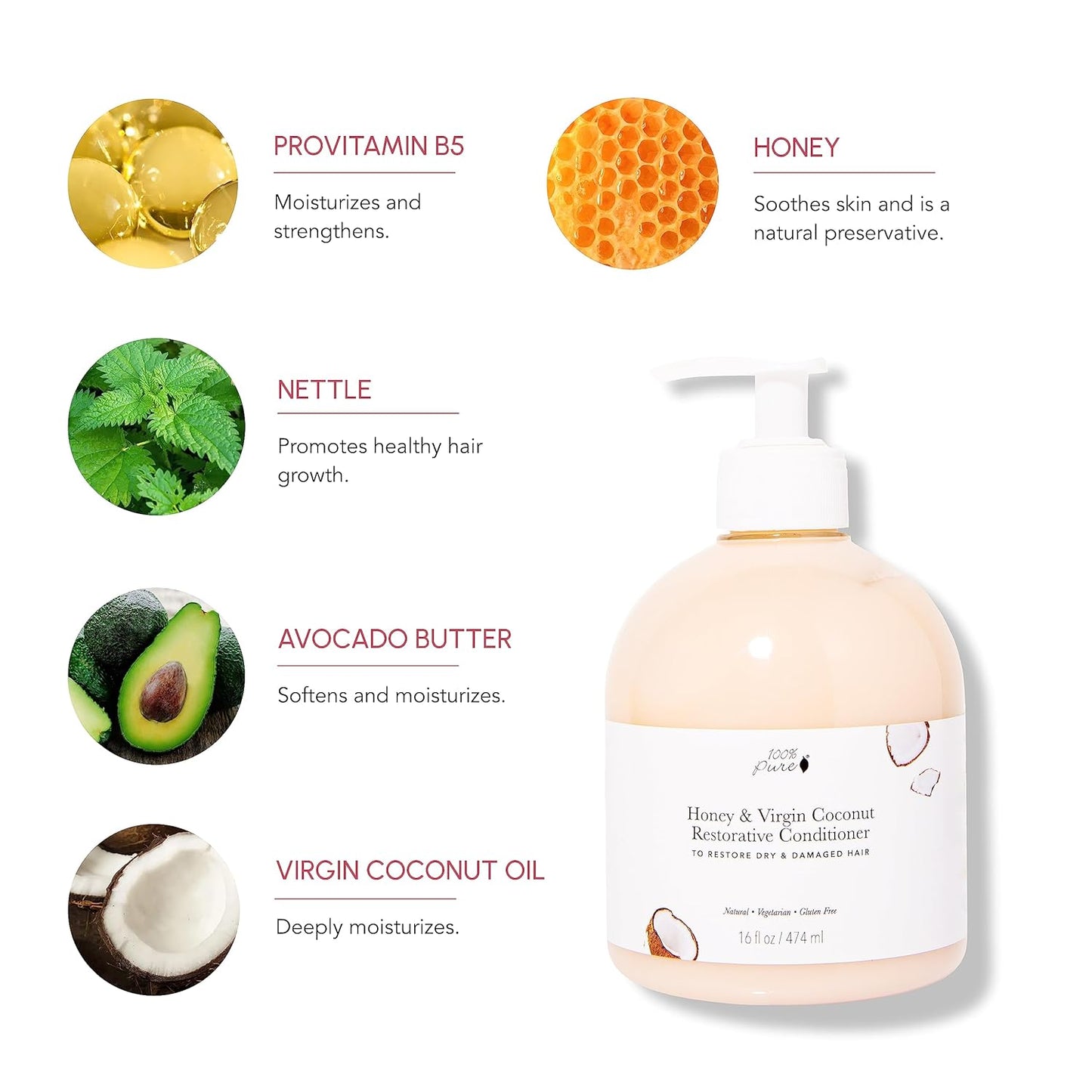 100% PURE Restorative Conditioner Honey & Virgin Coconut Moisturizer & Repair Replenishing Nutrient Boost for Dry Damaged Hair, Promotes Healthy Growth for Women & Men Sulfate Free - 16 Fl Oz