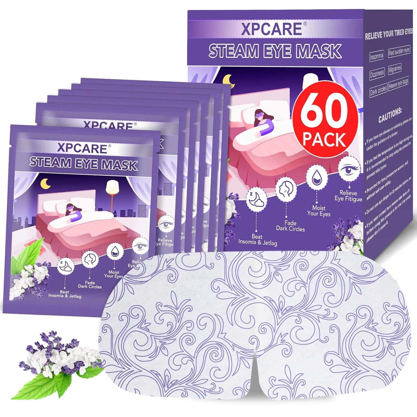 XPCARE 60 Pack Steam Eye Masks for Dry Eyes, Self Heated Steam Warm Eye Mask, Disposable Heated Eye Mask for Dark Circles, Puffy Eyes, Relief Stress Eye Fatigue (Lavender)