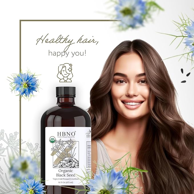 HBNO Organic Black Seed Oil - Huge 16 oz (475ml) Glass Bottle Value Size - USDA Certified Organic Black Seed Oil, Cold Pressed for Face, Body, Lips, Shampoo & Conditioner